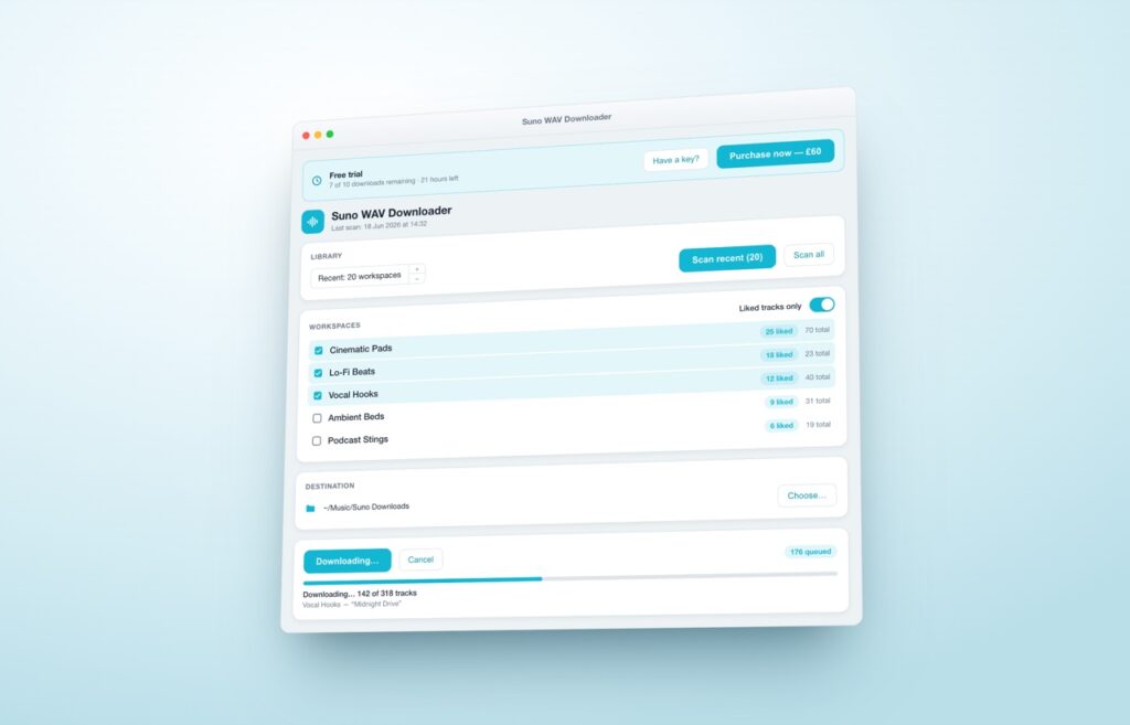 Suno WAV Downloader app — batch download your Suno songs as WAV on Mac