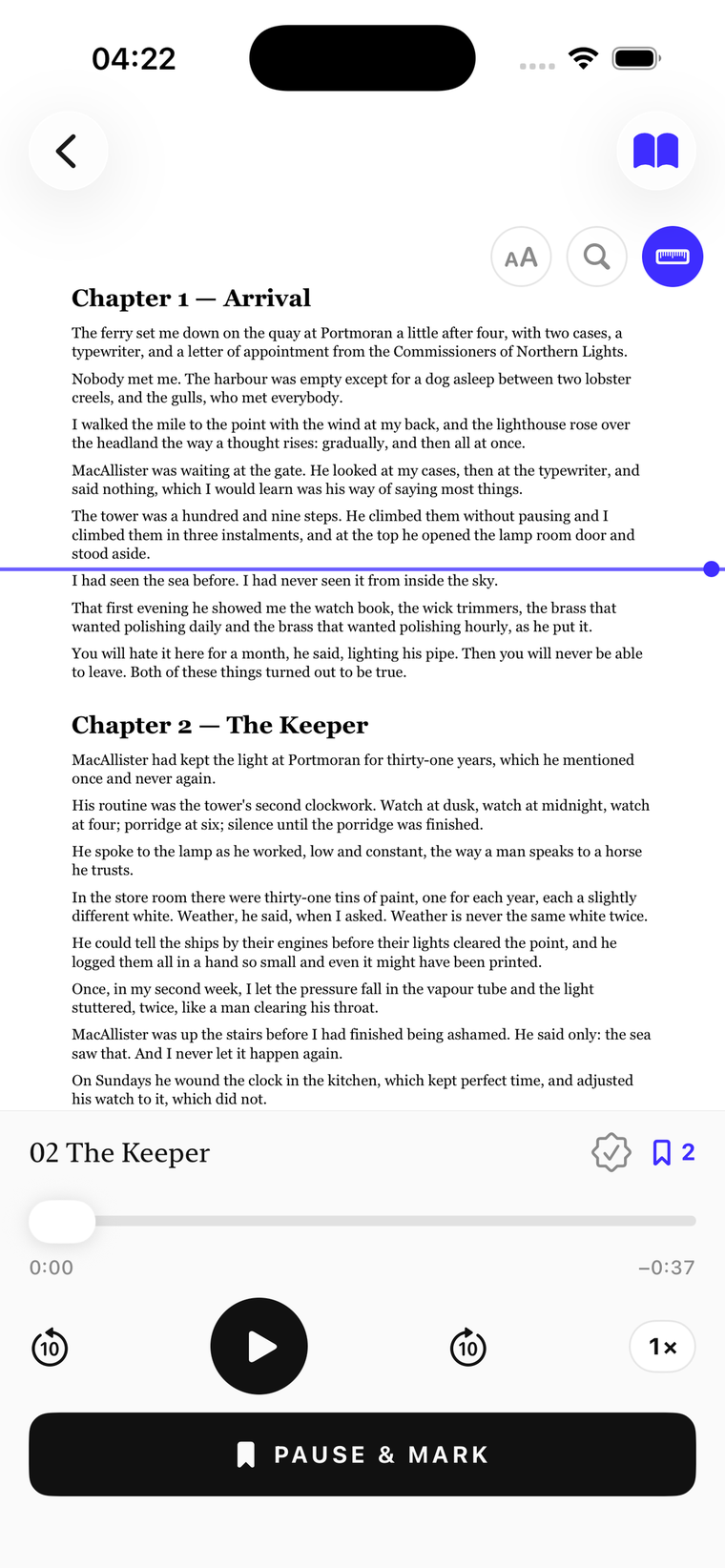 AB ProofChk on iPhone — the proofing booth: manuscript follows the audio, one-thumb Pause & Mark